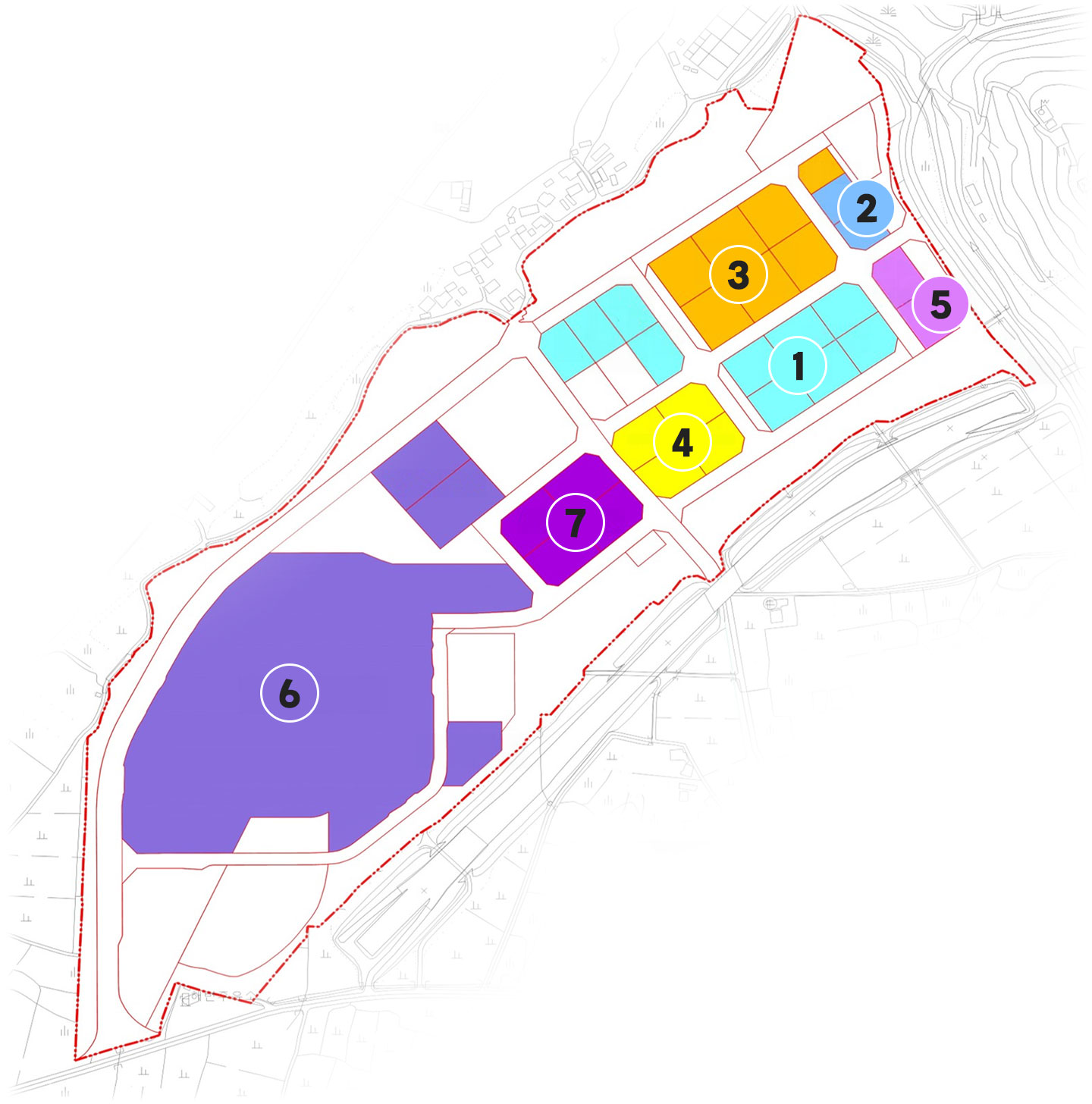 산업단지 안내도 : 왼쪽부터 사각형(파랑), 옆에 역삼각형(보라) 3구역, 하단 삼각형(진보라) 4구역 - 분양완료(빨간선), 옆에 직사각형(연하늘) 4구역 가운데 분양완료(분홍색 빨간선) 밑에 4구역, 원형(주황) 6구역 밑 6구역, 옆 원형(주황) 밑 직사각형(연하늘) 2구역 1곳 분양완료(빨간선 윗 직사각형), 밑 빗금 삼각형(보라) 2구역 - 하단 설명 테이블 참고